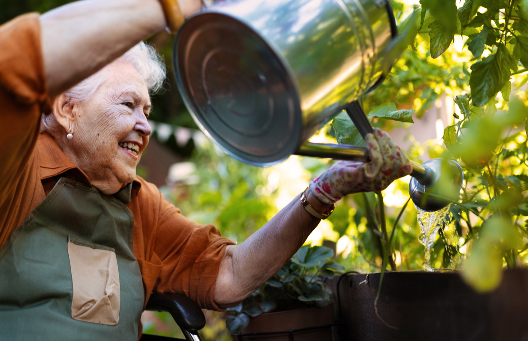 Elderly woman watering plants with watering can