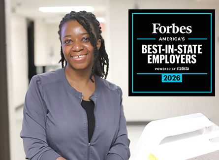 Photo of smiling female employee with Forbes Best in State logo