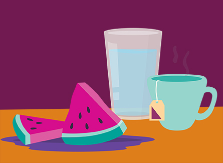 Illustration of watermelon slices, a cup of coffee and a glass of water on a table