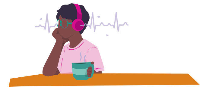Person listening to headphones, drinking coffee